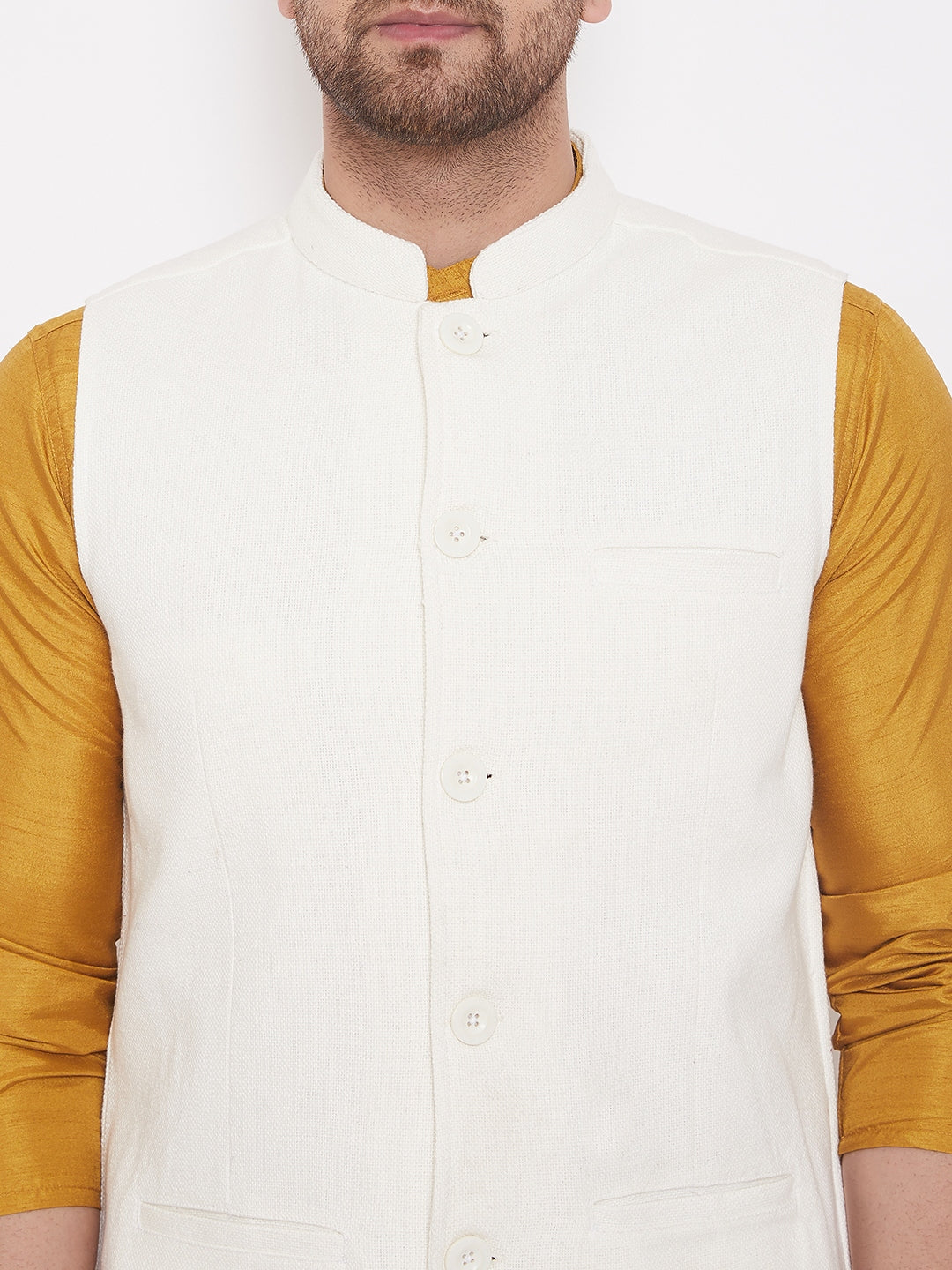 Men's White Cotton Linen Nehru Jacket