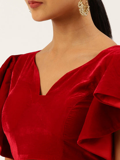 Women's Red Velvet Ruffle Sleeves Readymade Blouse