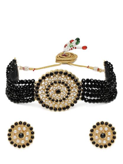 Women's Gold Plated Black & White Light Weight Crystal Stone Beaded Choker Necklace Jewellery Set