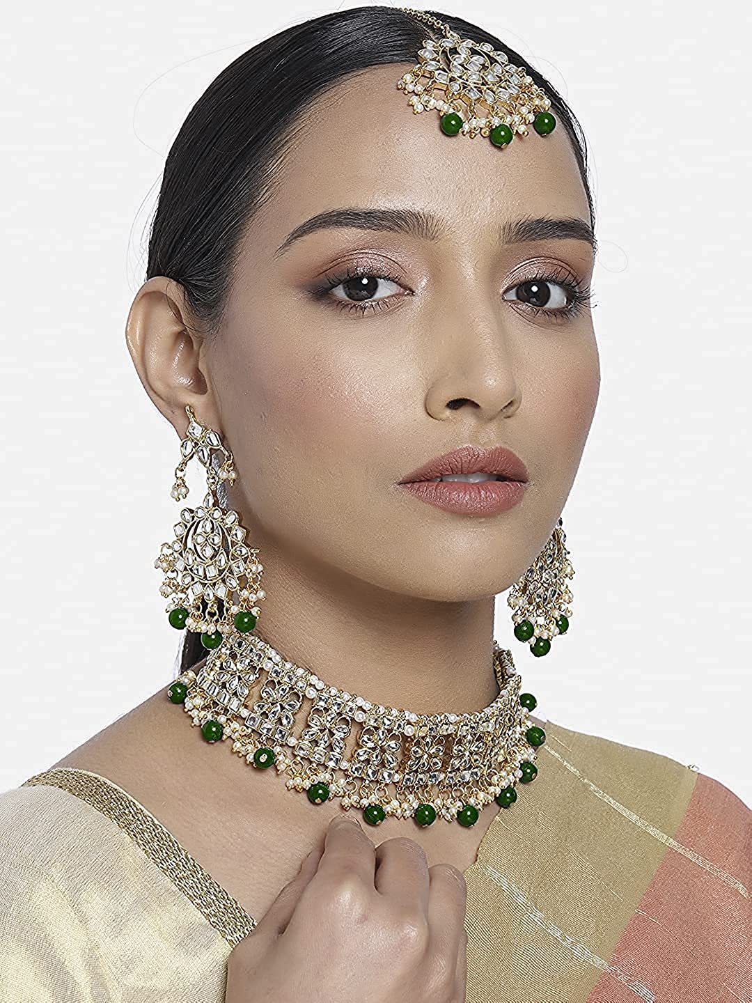 Women's Gold Plated Green Kundan & Pearl Studded Choker Jeweller Set with Earrings & Maang Tikka