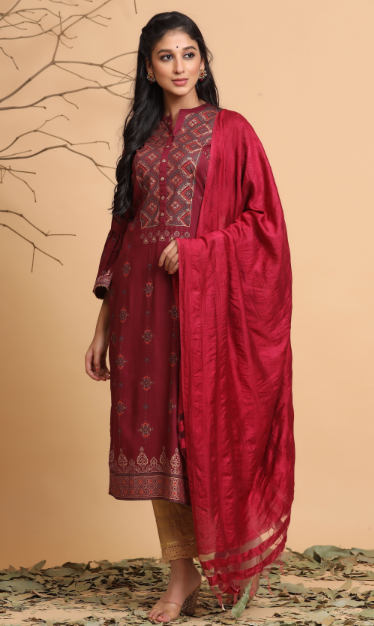 Women's Wine Rayon Printed Straight Kurta Dupatta Set With Rubber-Band