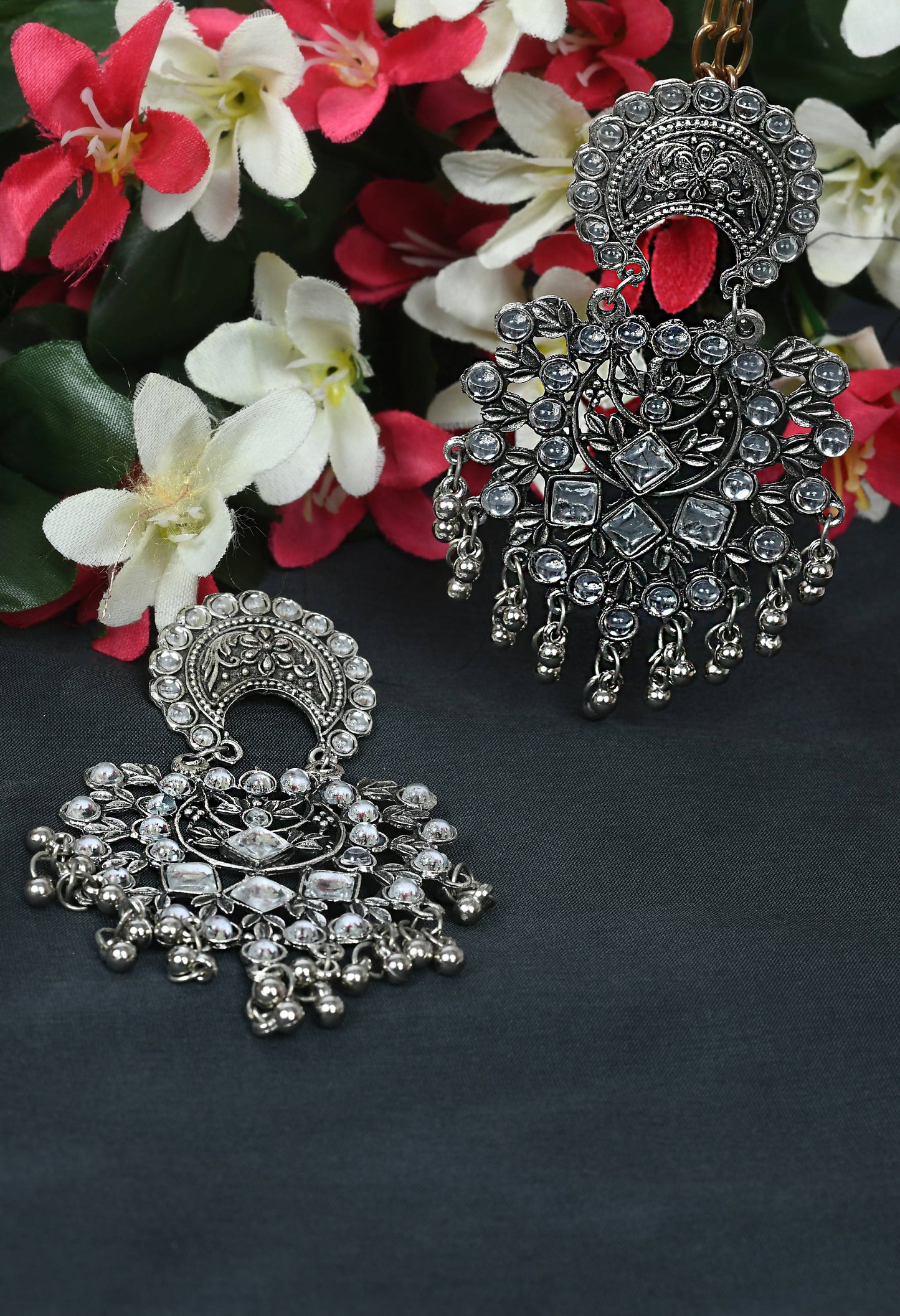 Trendia Silver color base with Kundan & Ghungru Earrings Jker_119