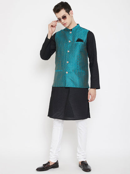 Men's Jacquard Blue Silk Nehru Jacket