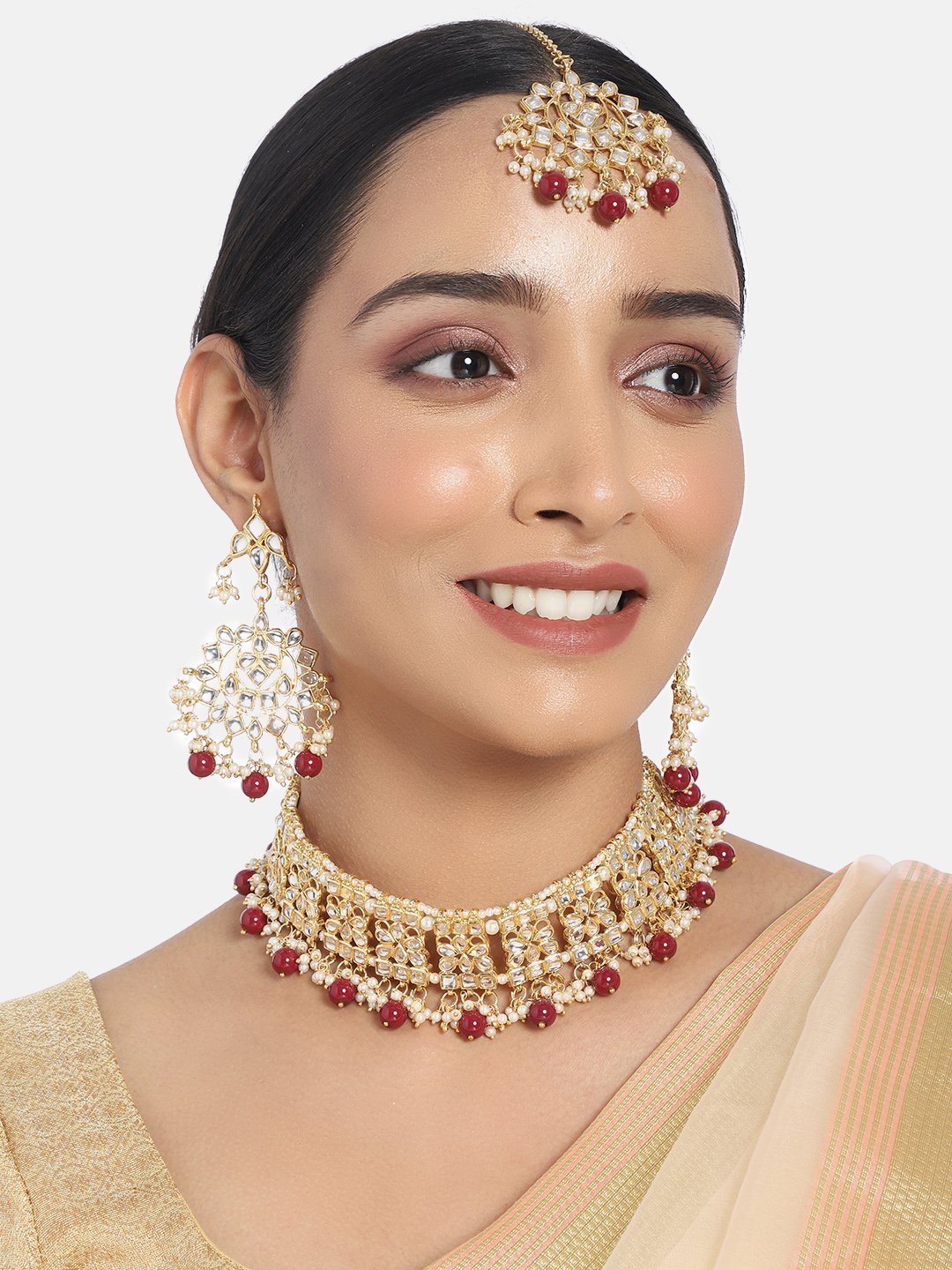 Women's Gold Plated Maroon Kundan & Pearl Studded Choker Necklace Set with Earrings & Maang Tikka