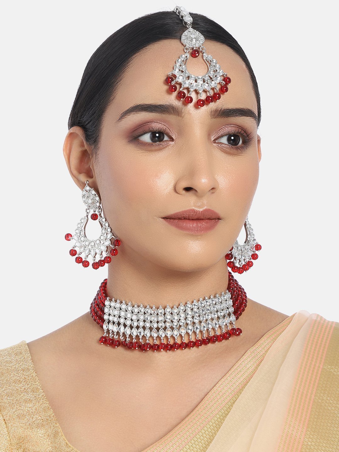 Women's Rhodium Plated Ethnic Maroon Kundan & Pearl Choker Necklace Set