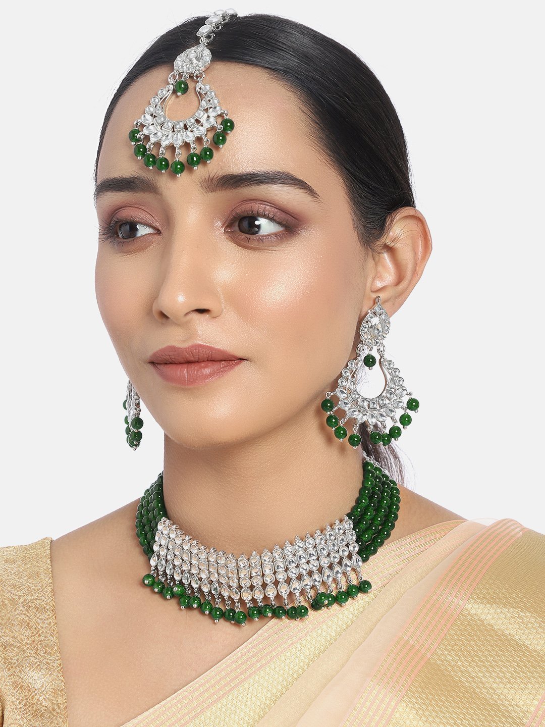 Women's Rhodium Plated Ethnic Green Kundan & Pearl Choker Necklace Set