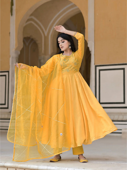 Women's Marigold Yellow Embroidered Anarkali Set