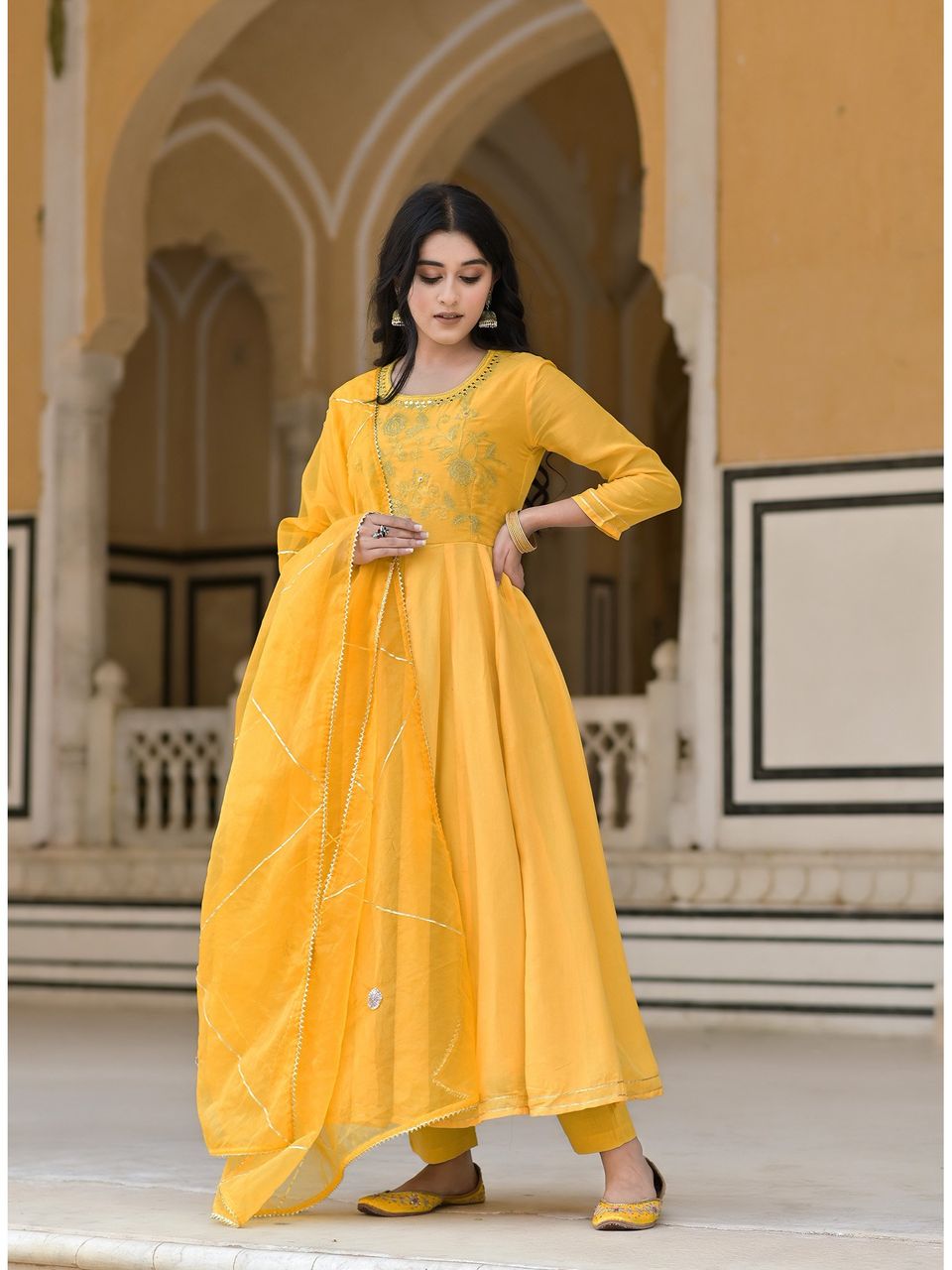 Women's Marigold Yellow Embroidered Anarkali Set