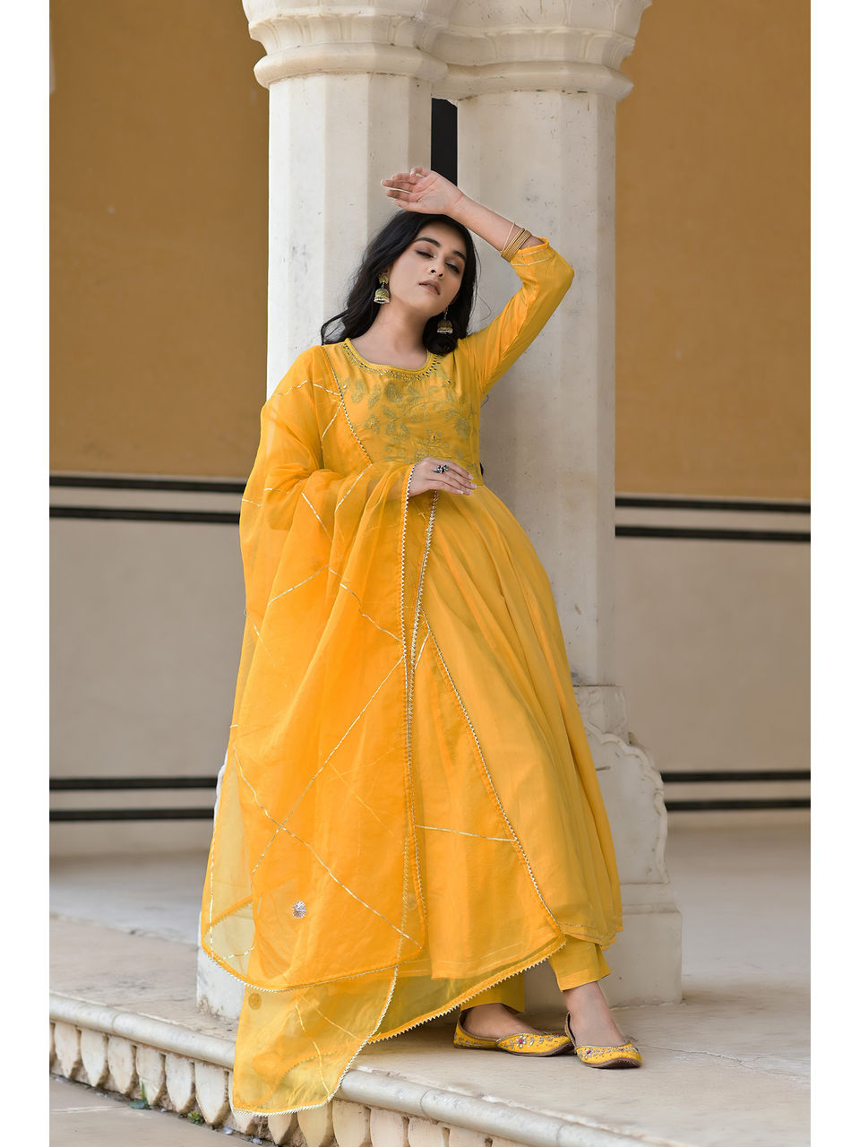 Women's Marigold Yellow Embroidered Anarkali Set