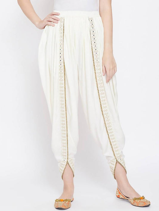 Women's White Viscose Rayon Dhoti With Golden Lace