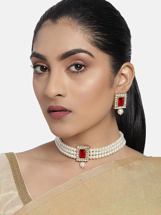 Women's  Gold Plated Traditional Handcrafted Red Stone Studded Pearl Choker Necklace Jewellery Set With Earrings