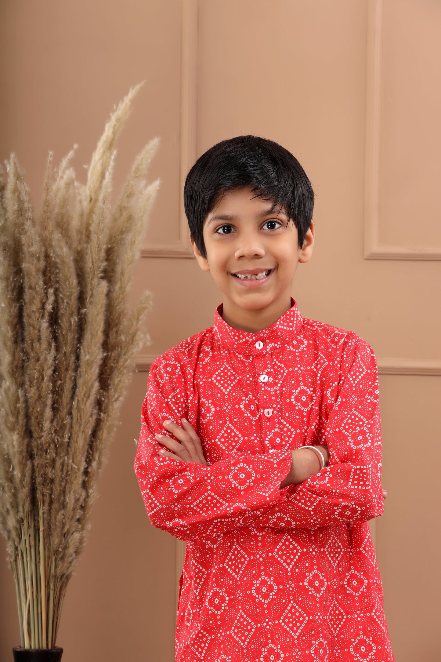 Boy's Pink Bandhani Cotton Sustainable Kurta