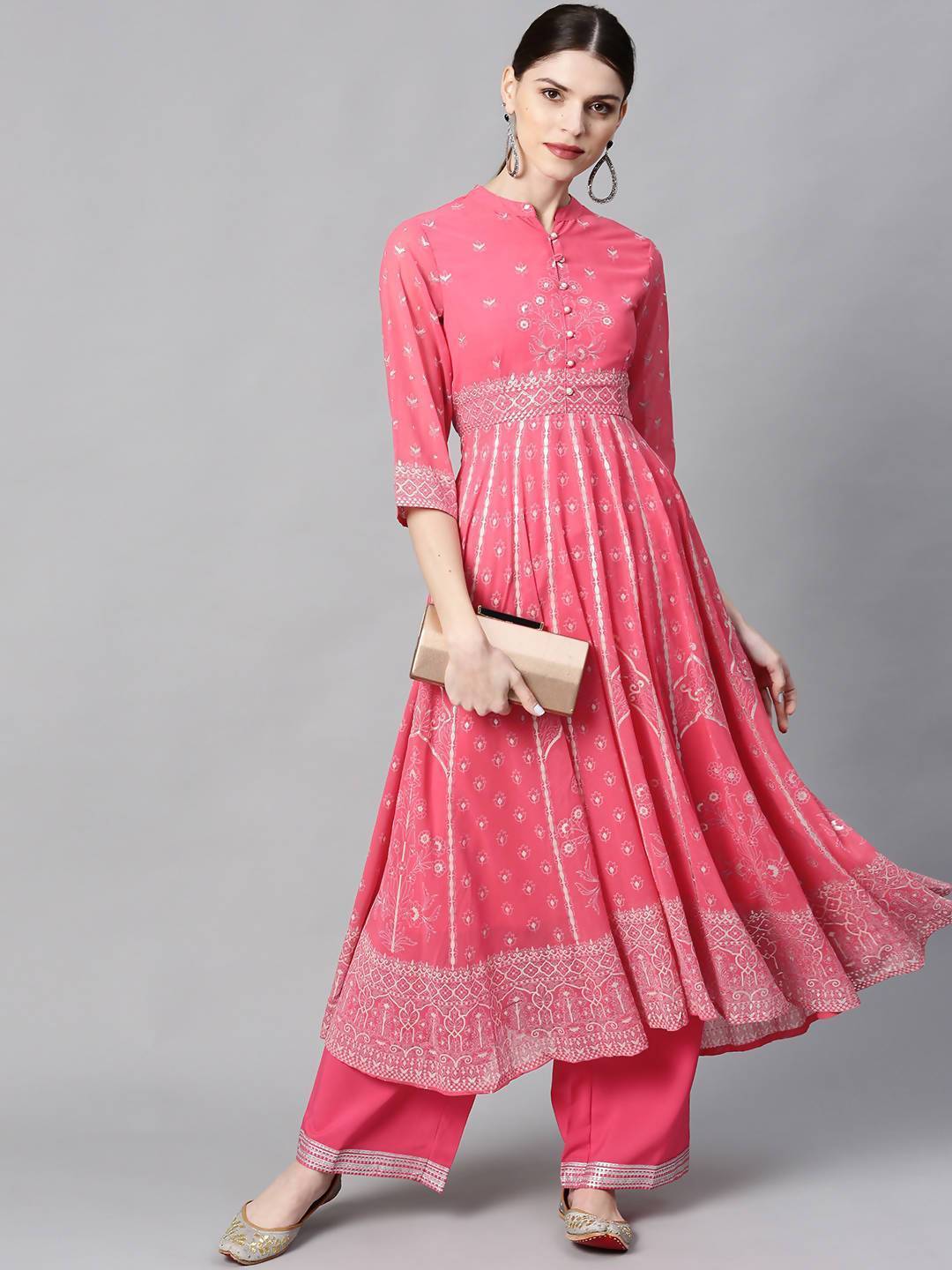 Women's Coral Georgette Printed Anarkali Kurta With Palazzo