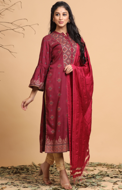 Women's Wine Rayon Printed Straight Kurta Dupatta Set With Rubber-Band