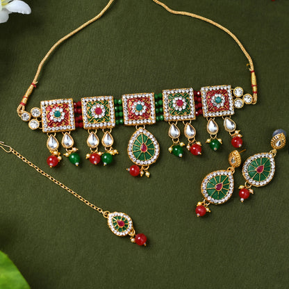 Gold-Plated Chokar Necklace Multi color with Earring & Tikka Jkms_118