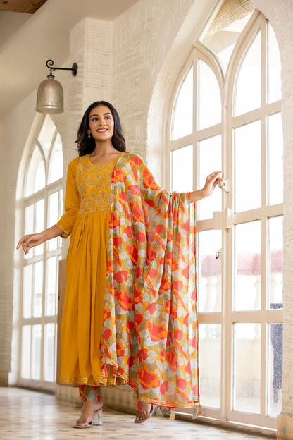 Women's Yellow Floral Print Anarkali Suit Set