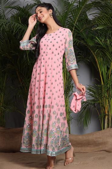 Pink Georgette Printed Flared Dress