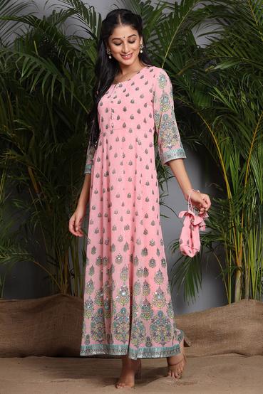 Pink Georgette Printed Flared Dress