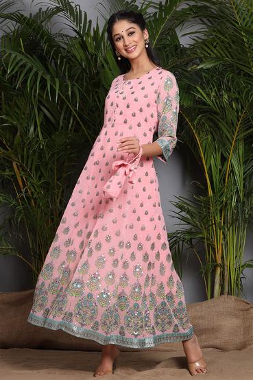 Pink Georgette Printed Flared Dress