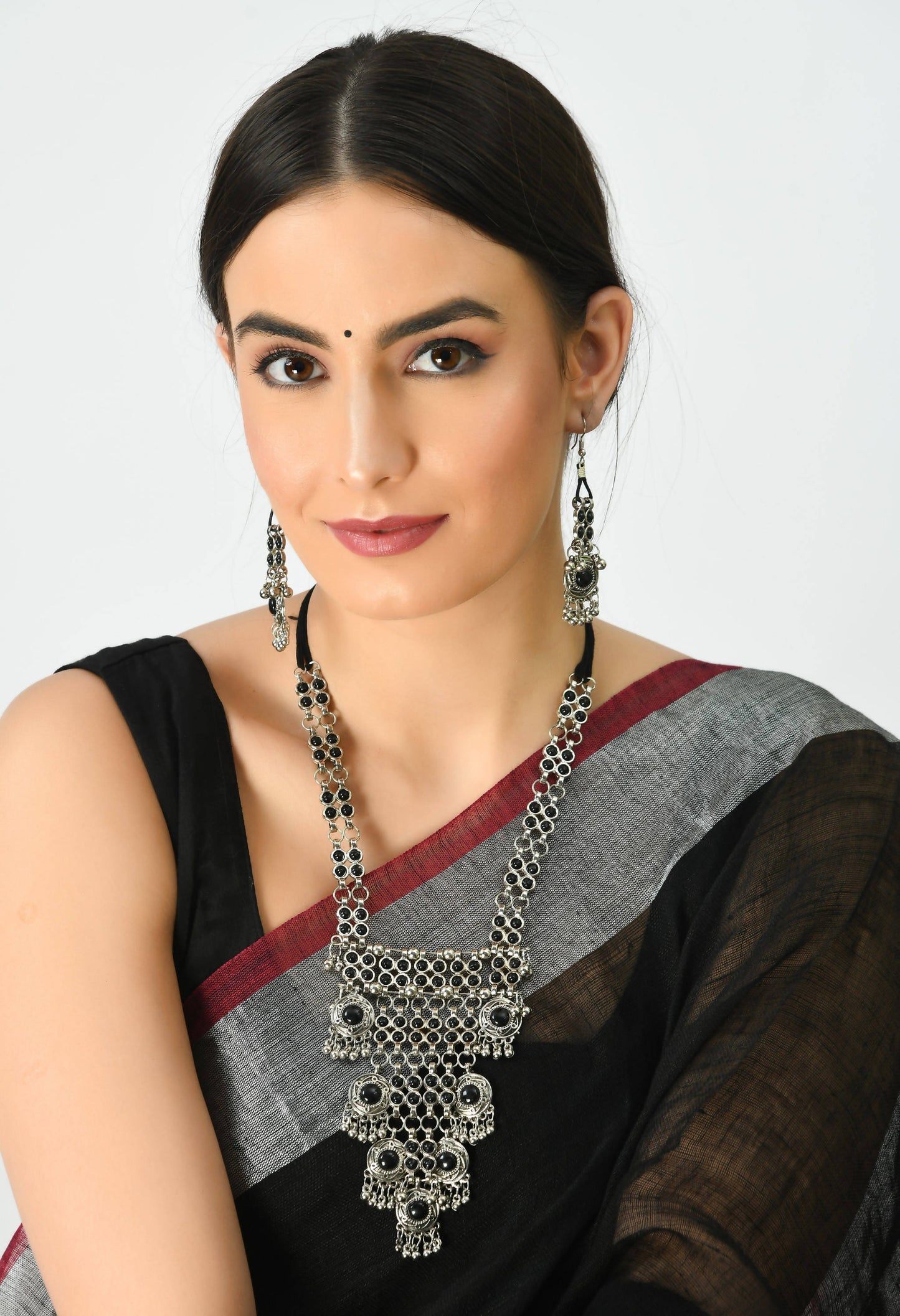 Silver-Plated Black Color Kundan Necklace with Earrings Jkms_095