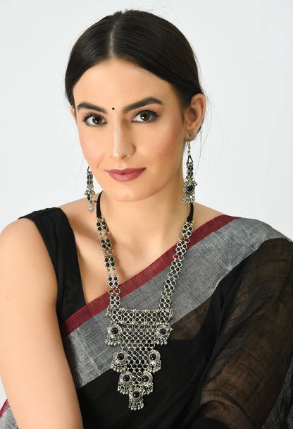 Silver-Plated Black Color Kundan Necklace with Earrings Jkms_095