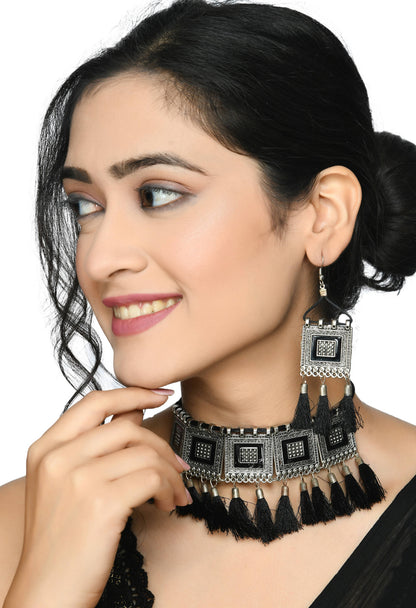 Choker Necklace Set silver color base with Black yarn design Jkms_136