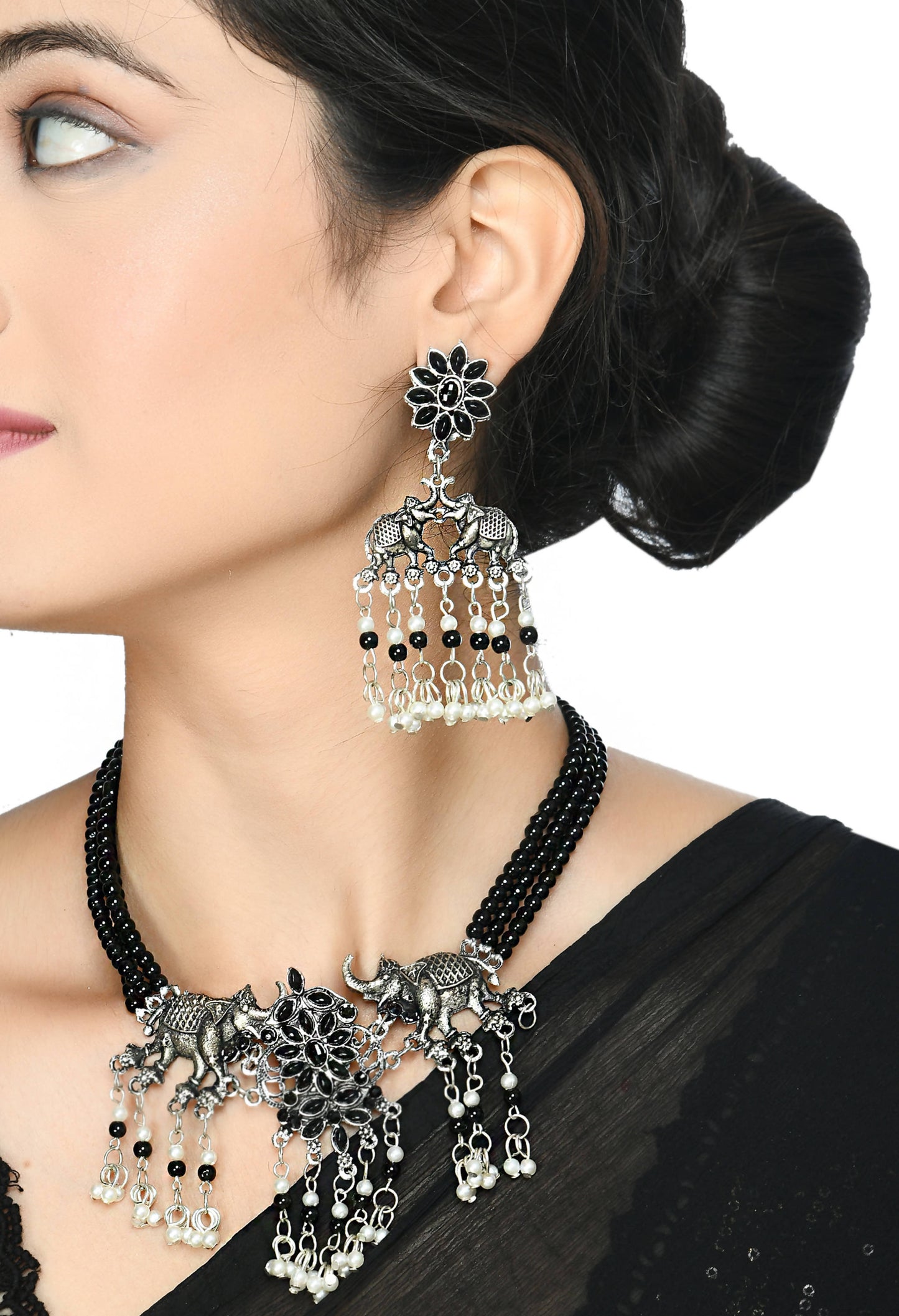 Trendia Silver-Plated Black Kundan Elephant design Necklace Set Jkms_113