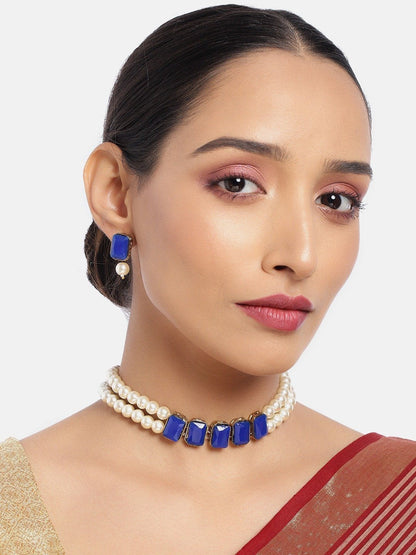 Women's Gold Plated Blue Crystal Stone Pearl Studded Choker Necklace Set