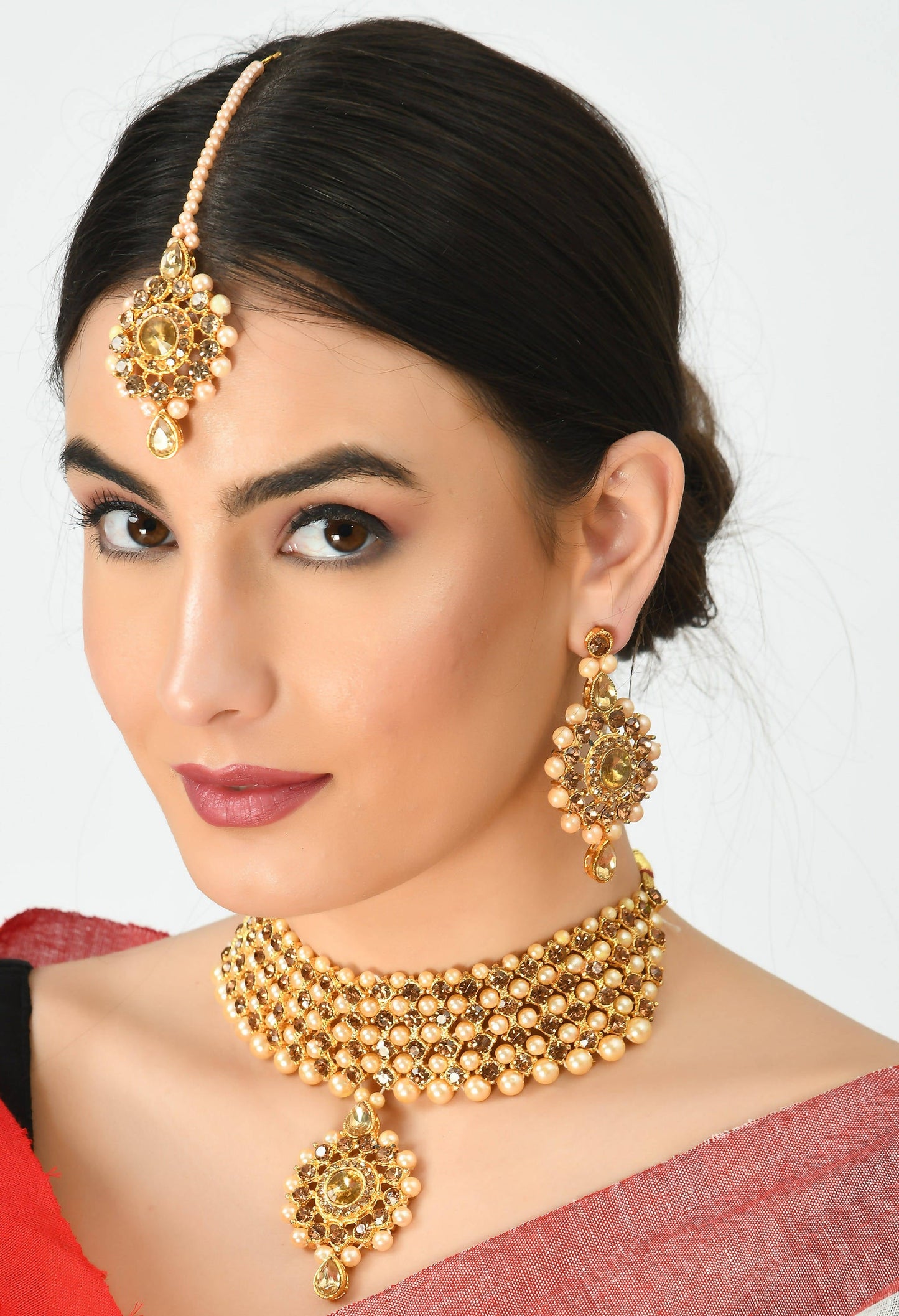 Gold-Pated Stone & Pearls Necklace with Earrings & Tikka Jkms_076