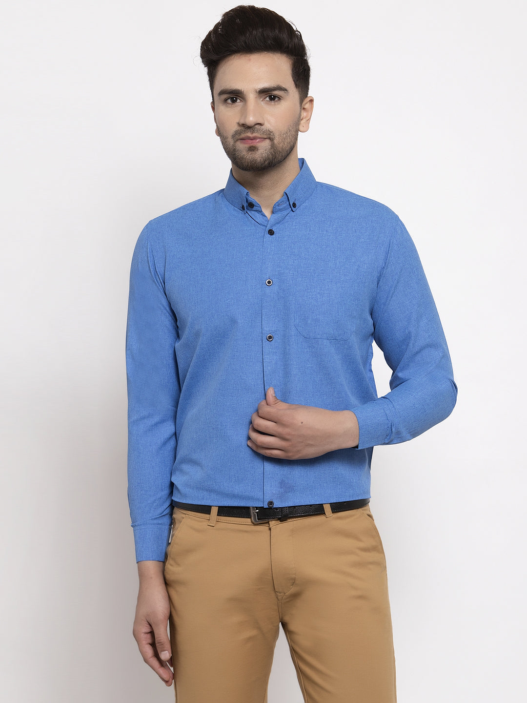 Men's Blue Cotton Solid Button Down Formal Shirts ( SF 734Blue )