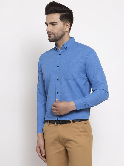 Men's Blue Cotton Solid Button Down Formal Shirts ( SF 734Blue )