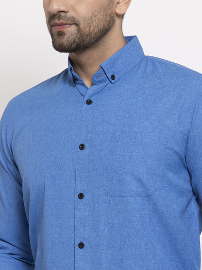 Men's Blue Cotton Solid Button Down Formal Shirts ( SF 734Blue )