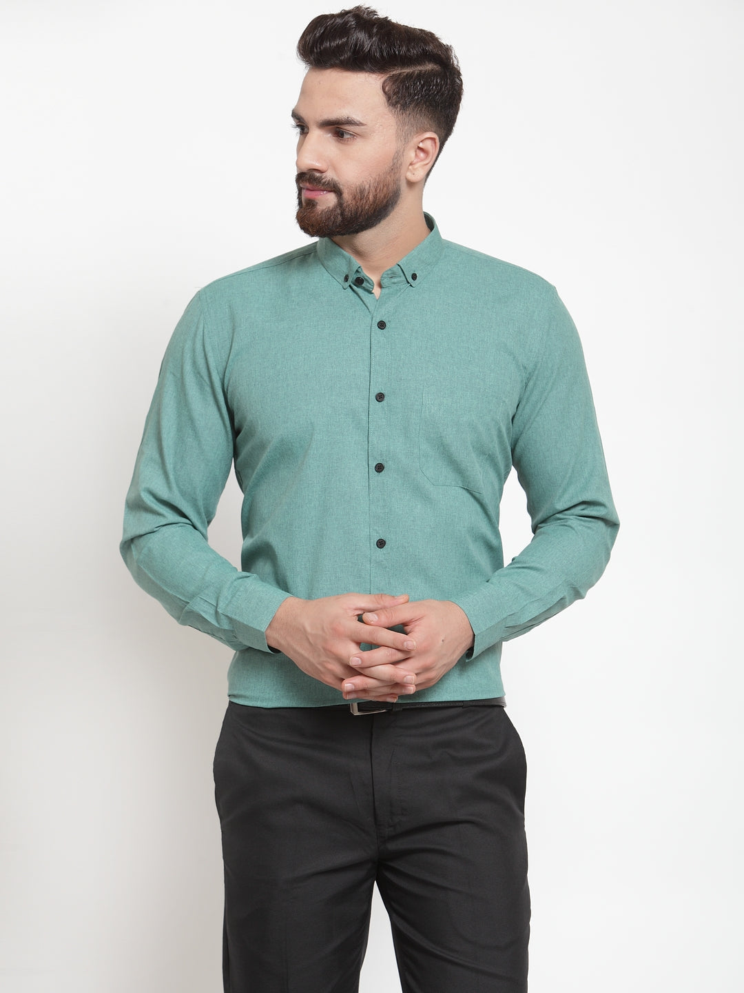 Men's Green Cotton Solid Button Down Formal Shirts ( SF 734Green )