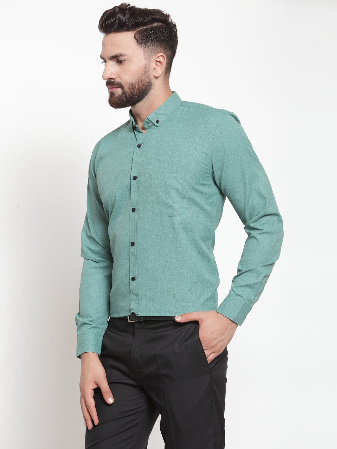 Men's Green Cotton Solid Button Down Formal Shirts ( SF 734Green )