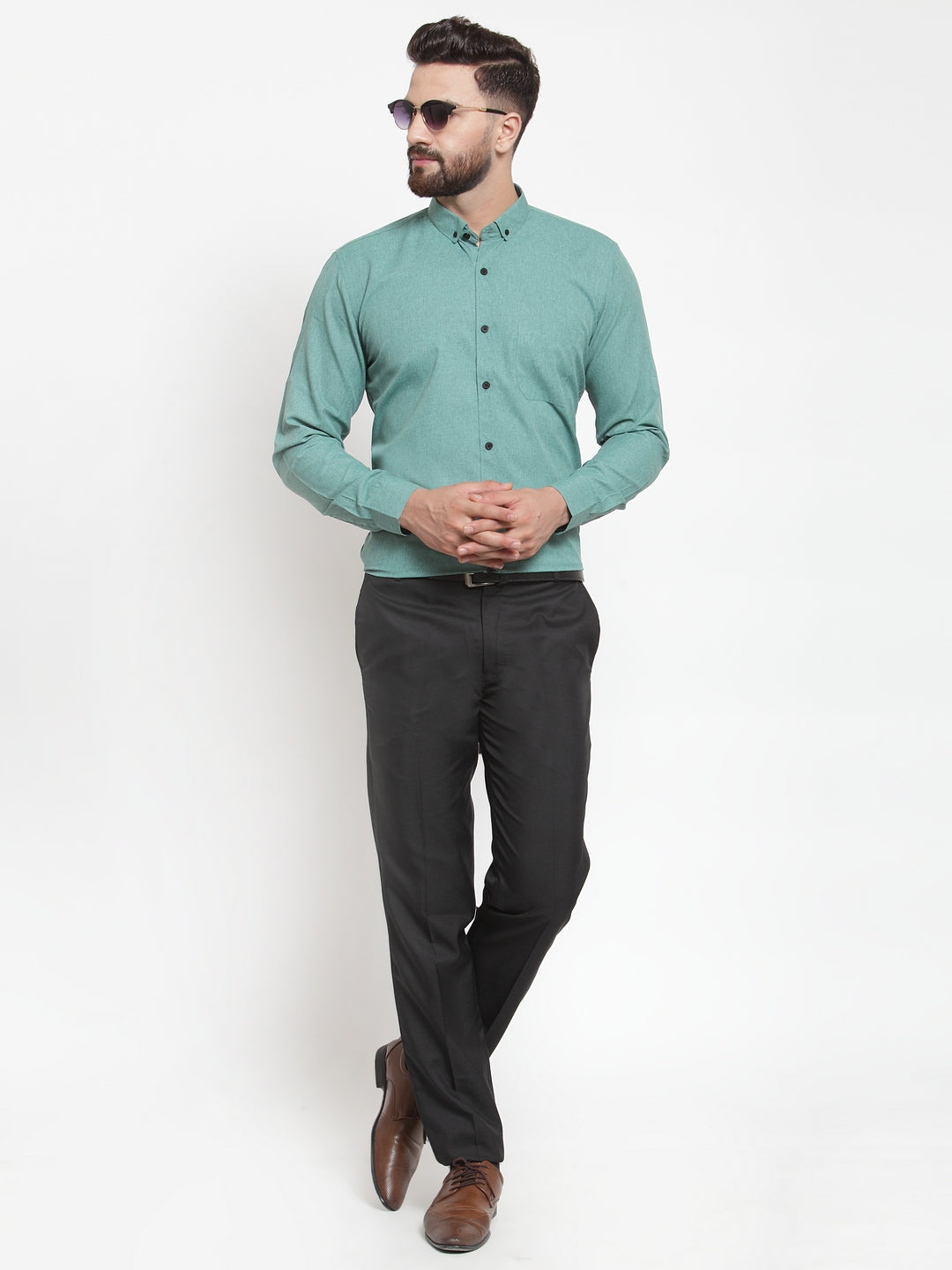 Men's Green Cotton Solid Button Down Formal Shirts ( SF 734Green )