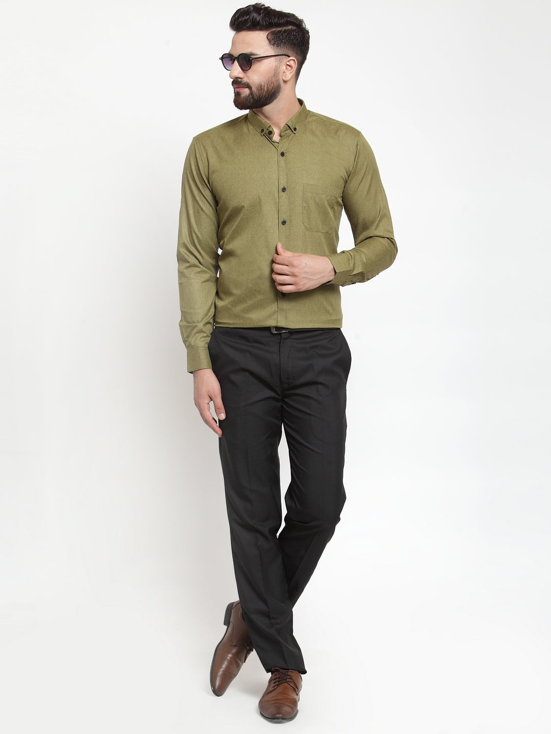 Men's Olive Cotton Solid Button Down Formal Shirts ( SF 734Olive )