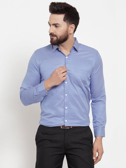 Men's Blue Cotton Stiped Formal Shirts ( SF 737Blue )