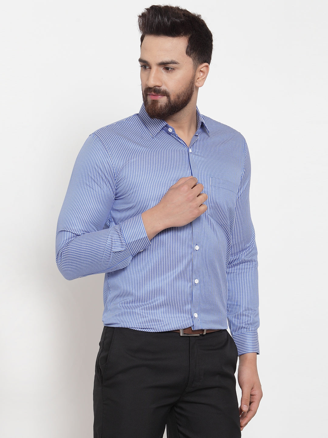 Men's Blue Cotton Stiped Formal Shirts ( SF 737Blue )