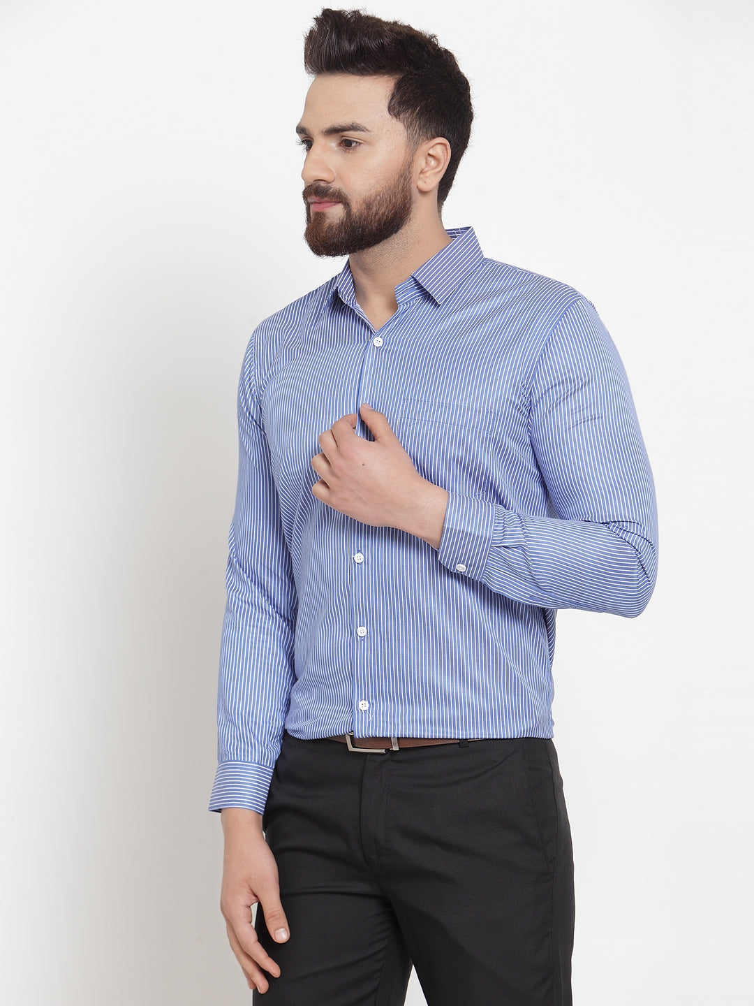 Men's Blue Cotton Stiped Formal Shirts ( SF 737Blue )