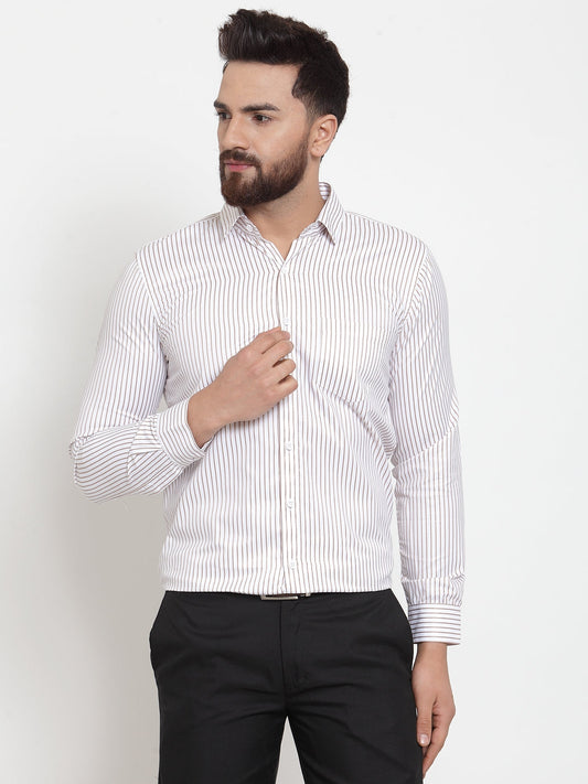 Men's White Cotton Stiped Formal Shirts ( SF 737White )