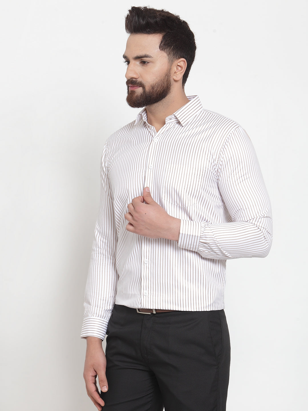 Men's White Cotton Stiped Formal Shirts ( SF 737White )