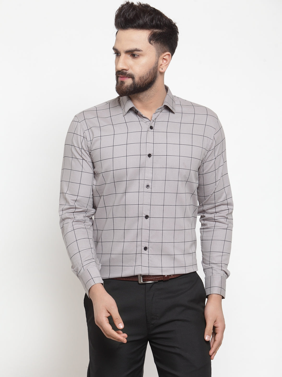 Men's Grey Cotton Checked Formal Shirts ( SF 742Grey )