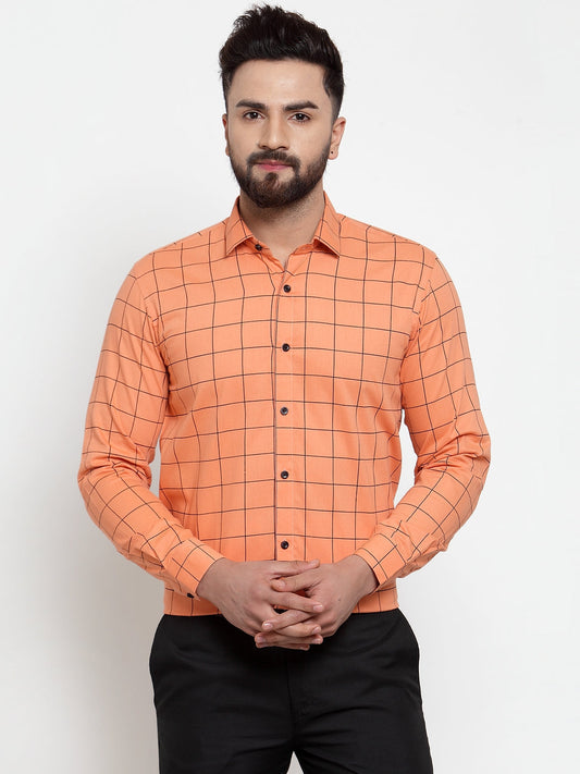 Men's Orange Cotton Checked Formal Shirts ( SF 742Orange )