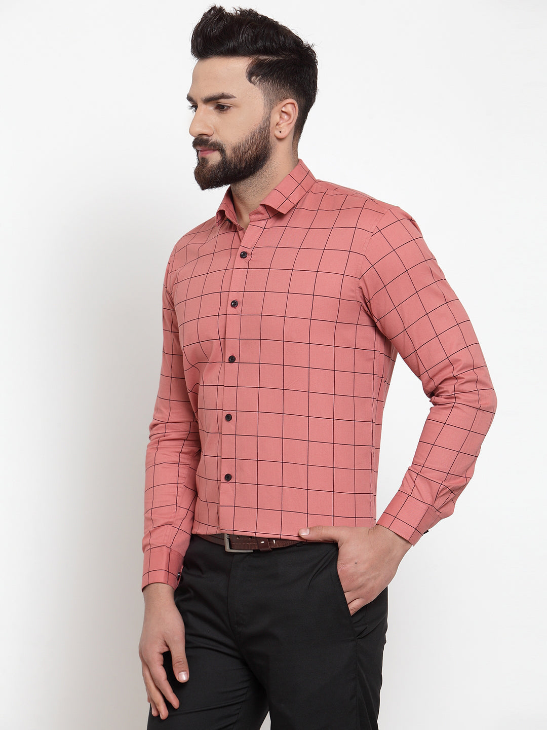 Men's Peach Cotton Checked Formal Shirts ( SF 742Peach )