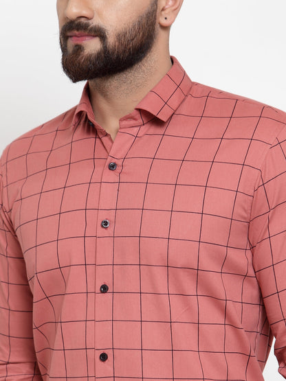 Men's Peach Cotton Checked Formal Shirts ( SF 742Peach )