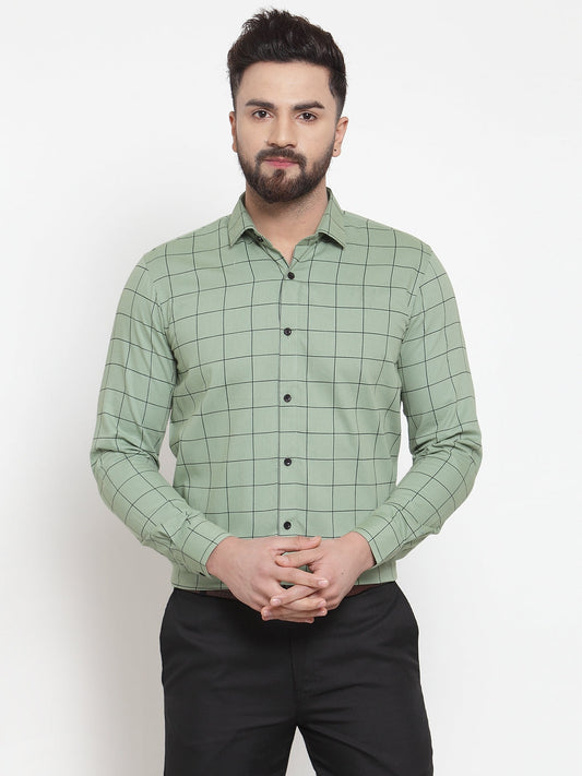 Men's Green Cotton Checked Formal Shirts ( SF 742Pista )