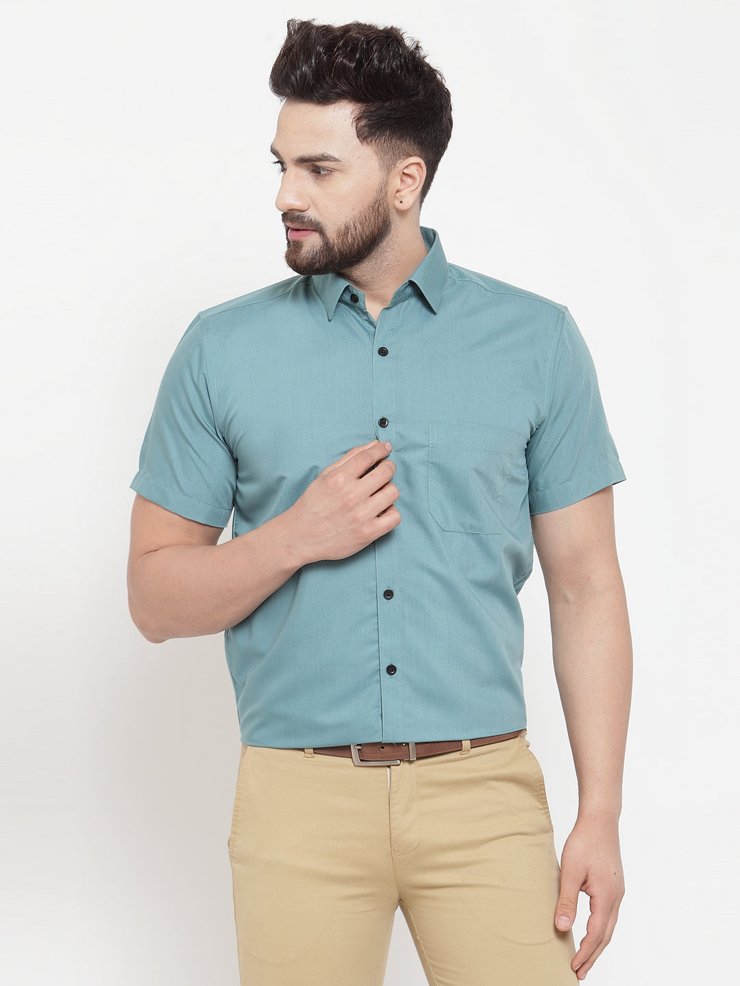 Men's Green Cotton Half Sleeves Solid Formal Shirts ( SF 754Aqua )