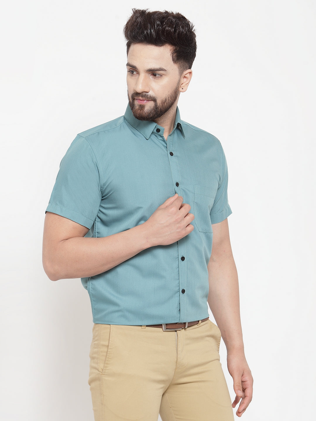 Men's Green Cotton Half Sleeves Solid Formal Shirts ( SF 754Aqua )