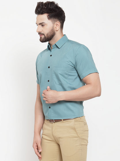 Men's Green Cotton Half Sleeves Solid Formal Shirts ( SF 754Aqua )