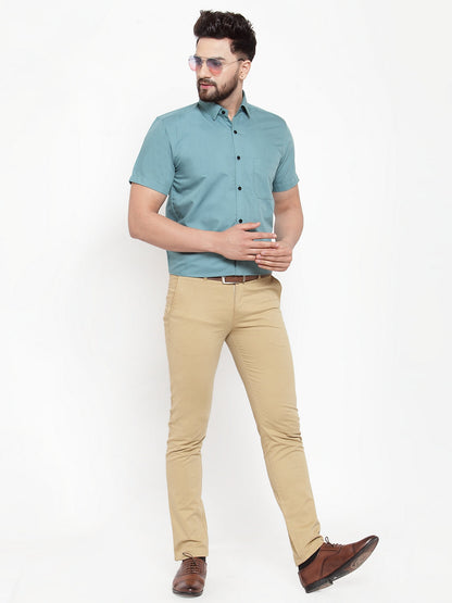 Men's Green Cotton Half Sleeves Solid Formal Shirts ( SF 754Aqua )